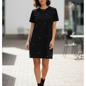 Kowtow Black Mini Oversized Dress with Pockets and Dotted Accents
